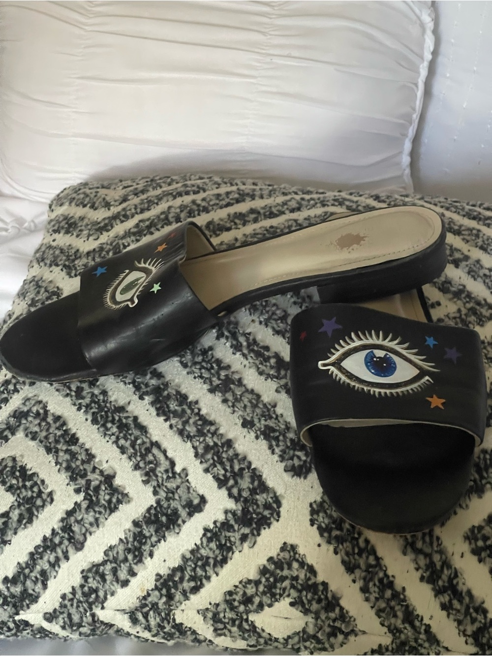 Black Slide Sandals with Eye Motif